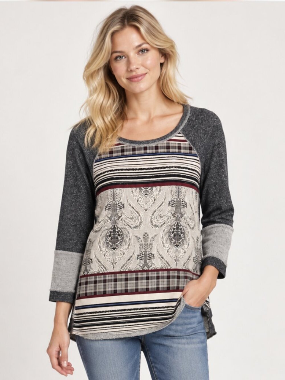 Democracy Mixed Print French Terry Raw Edge Tunic Sweatshirt Boho Size L